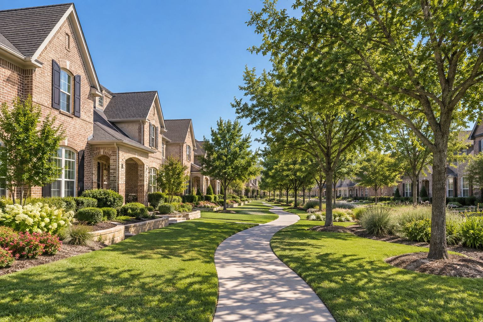 A The Woodlands residential street at sunset, illustrative