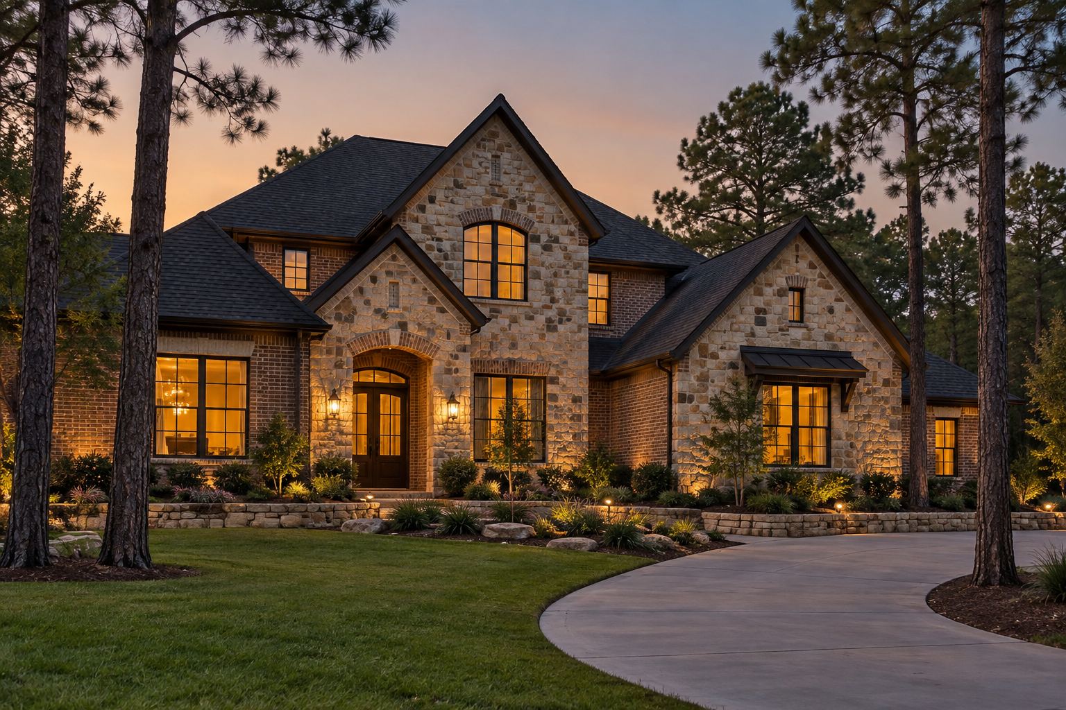 A brick traditional home at dusk, illustrative