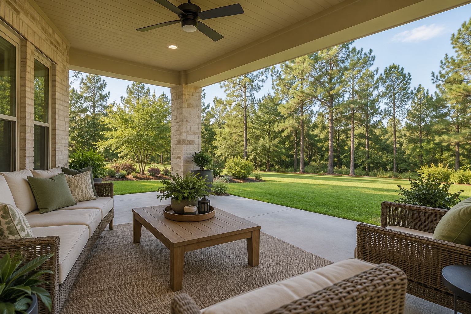 A cozy The Woodlands living room, illustrative